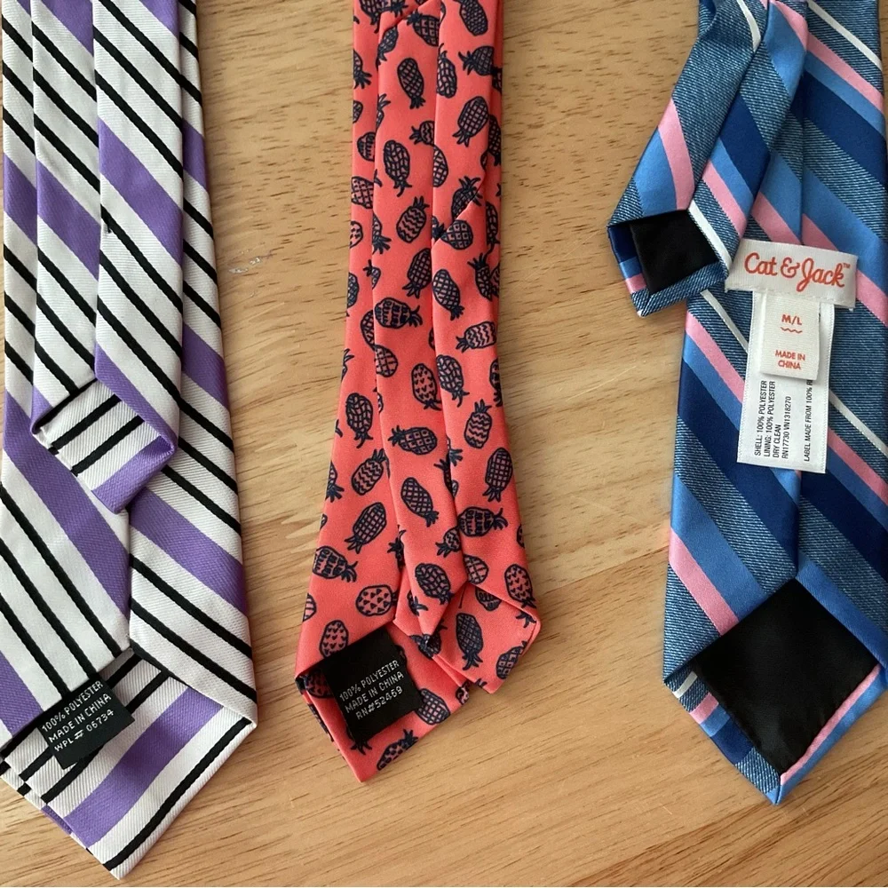 Lot x3 Boys Neck Tie Youth Clip On Striped Pineapple Print Purple Blue Pink M/L